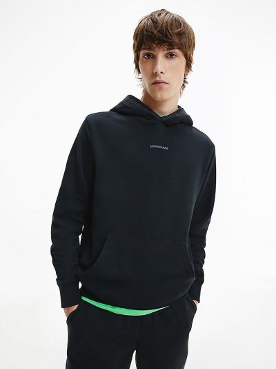 Calvin Klein Ruhák HU497060 | Calvin Klein Organic Cotton Logo Trim Férfi Kapucnis Pulóver Fekete